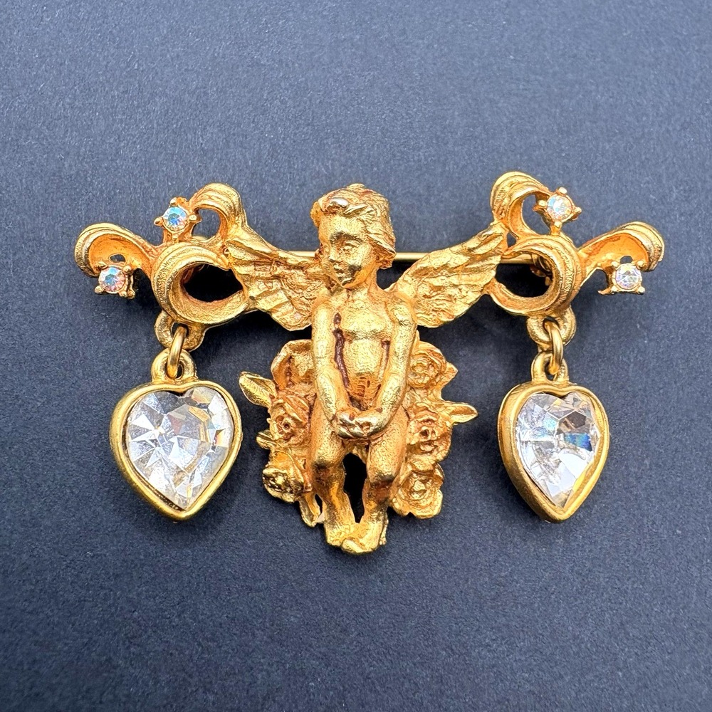 Vintage Kirks Folly Angel Cherub Brooch Hearts Aurora Borealis Crystal Dangles